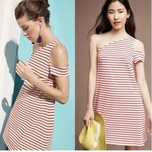 Anthropologie Maeve Marketa Red Cream Striped One Shoulder Shift Dress size S